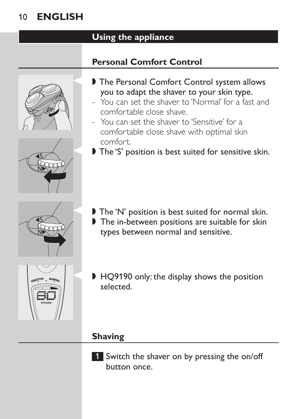 Using the appliance, Personal comfort control, Shaving | Philips HQ9190 User Manual | Page 8 / 124