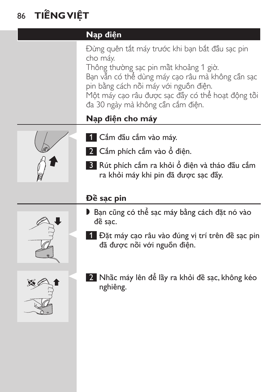 Nạp điện, Nạp điện cho máy, Đế sạc pin | Tháo và lắp đồng hô | Philips HQ9190 User Manual | Page 84 / 124