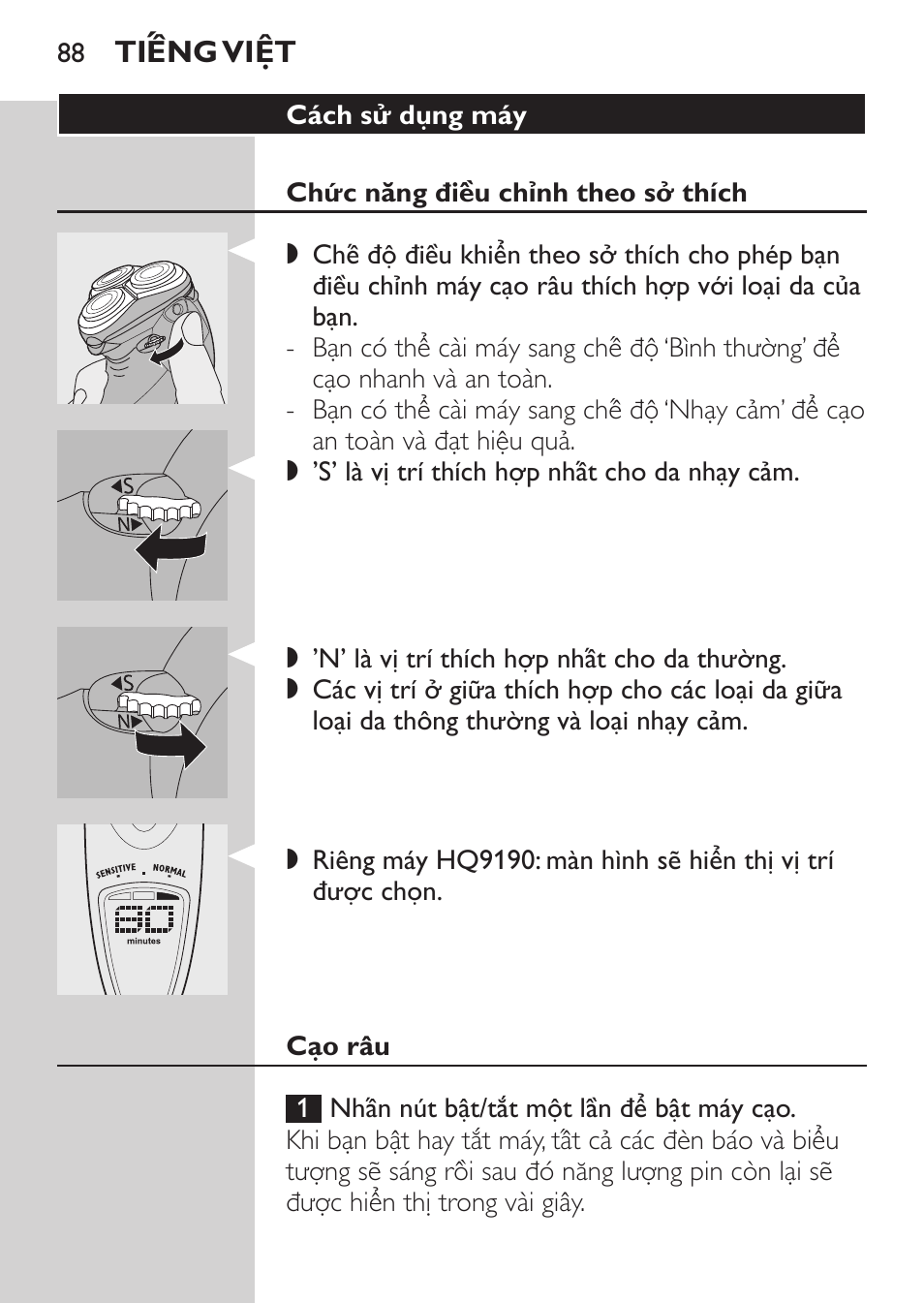 Cách sử dụng máy, Chức năng điều chỉnh theo sở thích, Cạo râu | Philips HQ9190 User Manual | Page 86 / 124