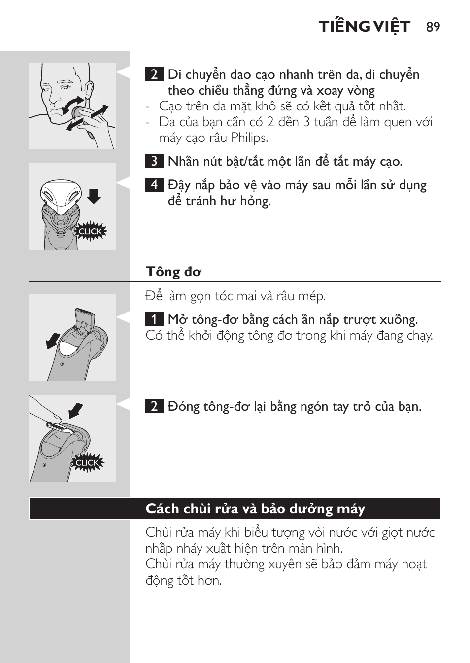 Tông đơ, Cách chùi rửa và bảo dưởng máy | Philips HQ9190 User Manual | Page 87 / 124