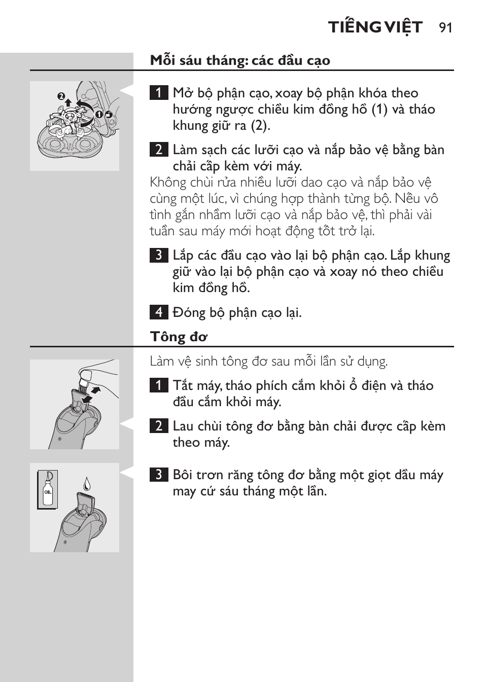 Mỗi sáu tháng: các đầu cạo, Tông đơ, Đế sạc pin | Philips HQ9190 User Manual | Page 89 / 124