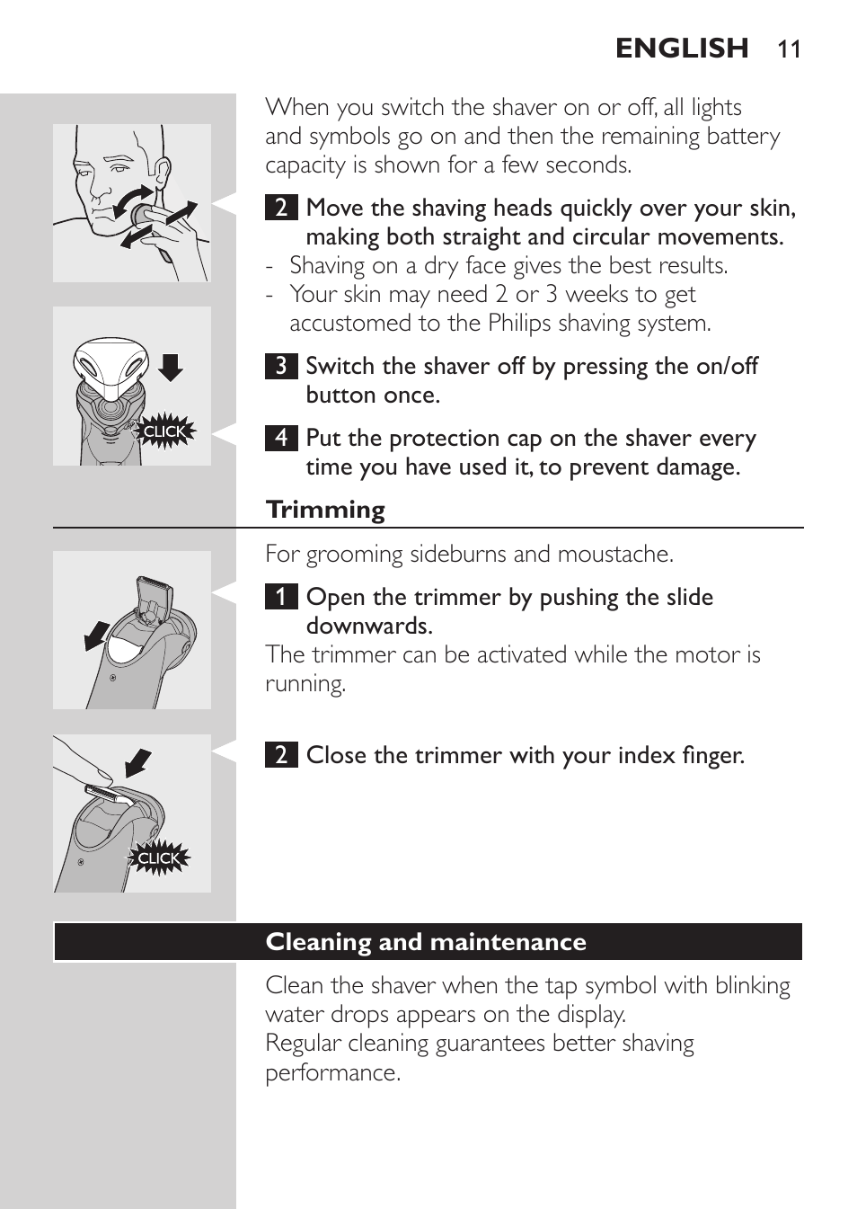 Trimming, Cleaning and maintenance | Philips HQ9190 User Manual | Page 9 / 124