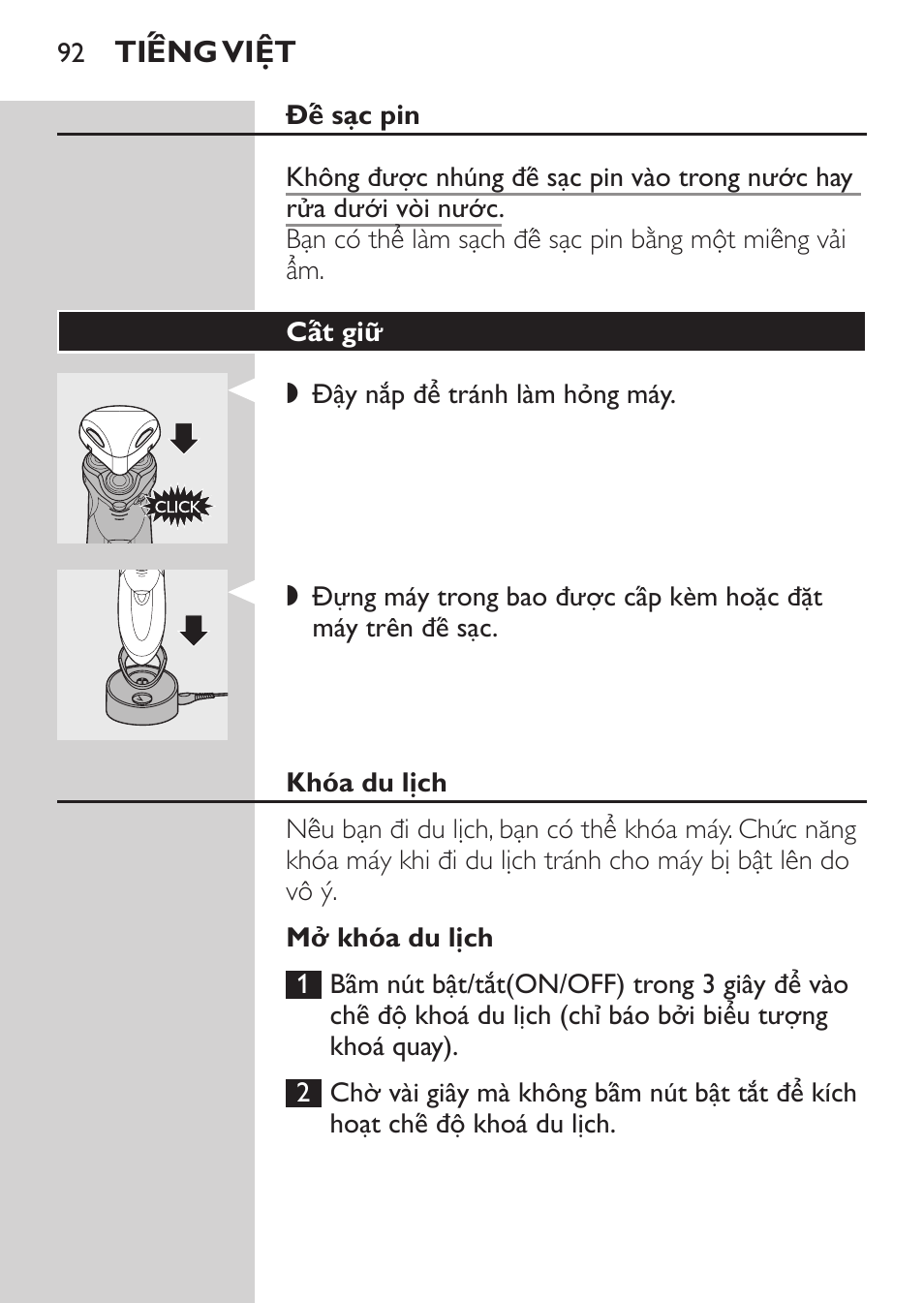 Cất giư, Khóa du lịch, Mở khóa du lịch | Philips HQ9190 User Manual | Page 90 / 124