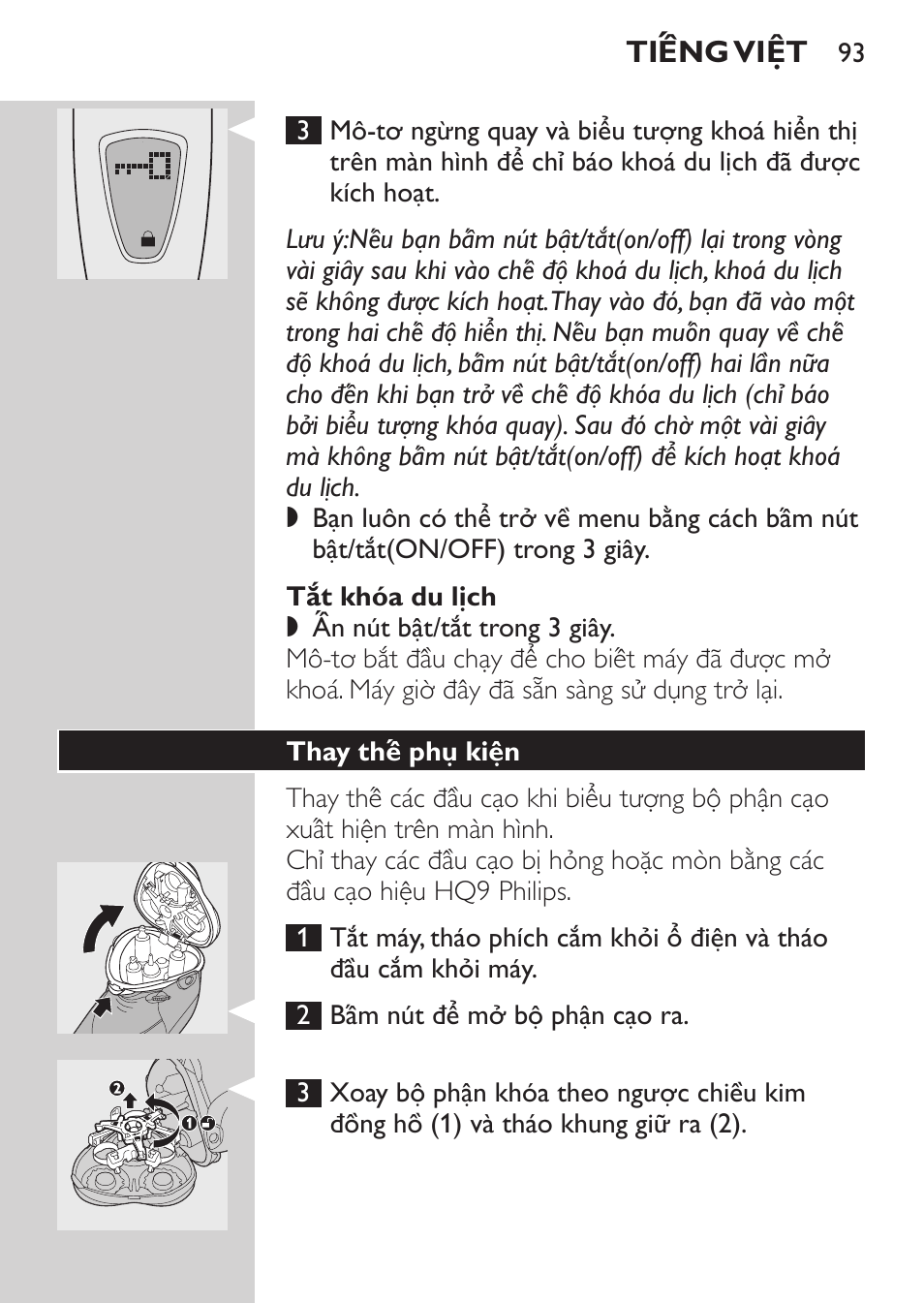 Tắt khóa du lịch, Thay thế phụ kiện | Philips HQ9190 User Manual | Page 91 / 124