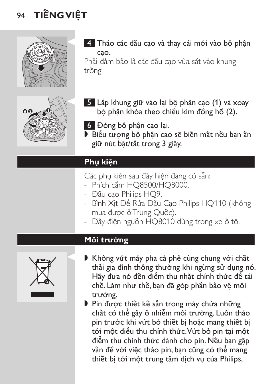 Phụ kiện, Môi trường, Xử lý pin của máy cạo | Philips HQ9190 User Manual | Page 92 / 124