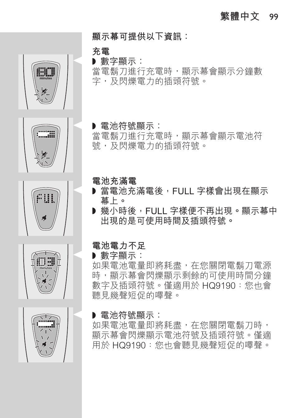 電池充滿電, 電池電力不足, 電量耗盡 | Philips HQ9190 User Manual | Page 97 / 124