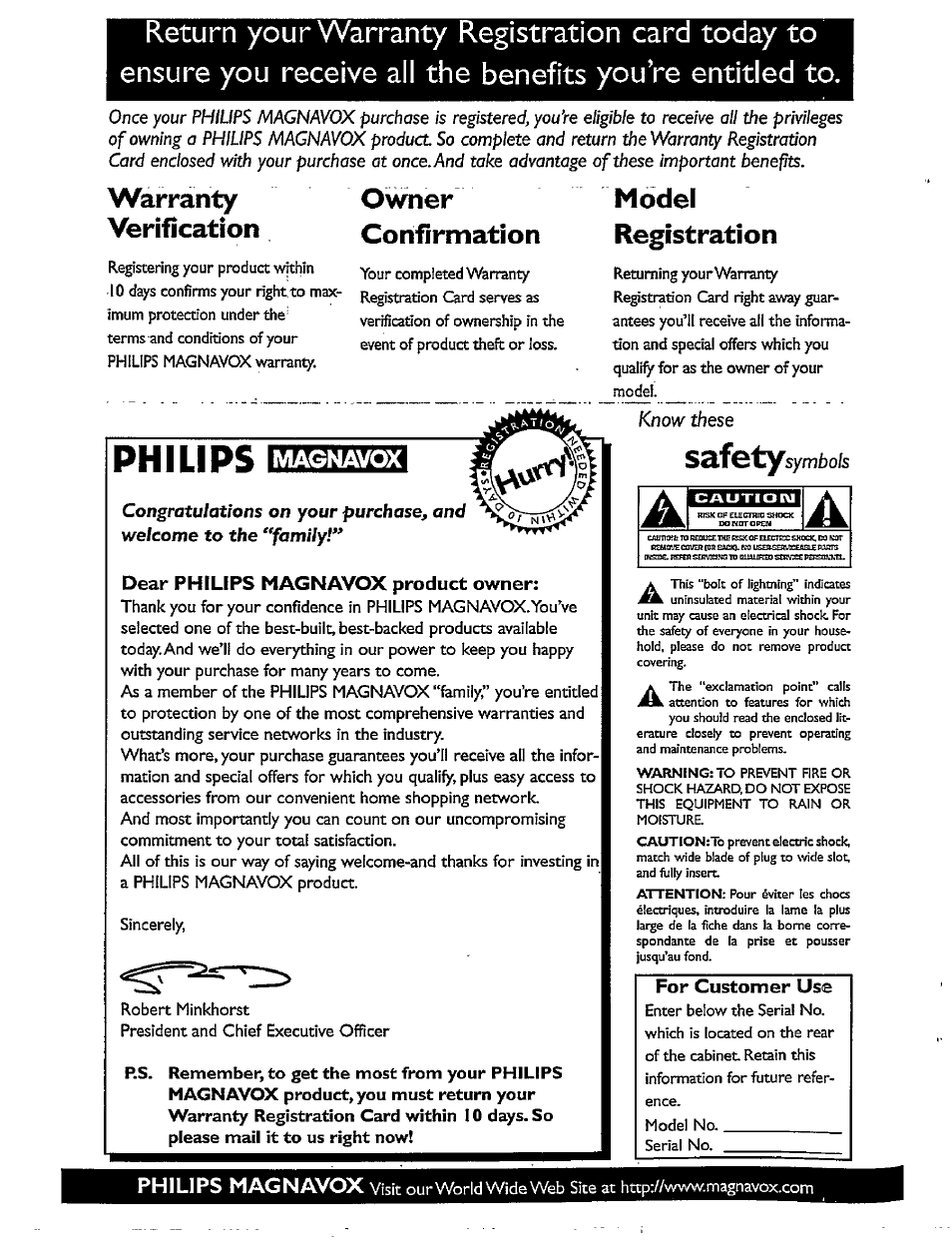 Philips, Warranty verification, Owner confirmation | Model registration, Magnavox | Philips CCX092AT User Manual | Page 2 / 52