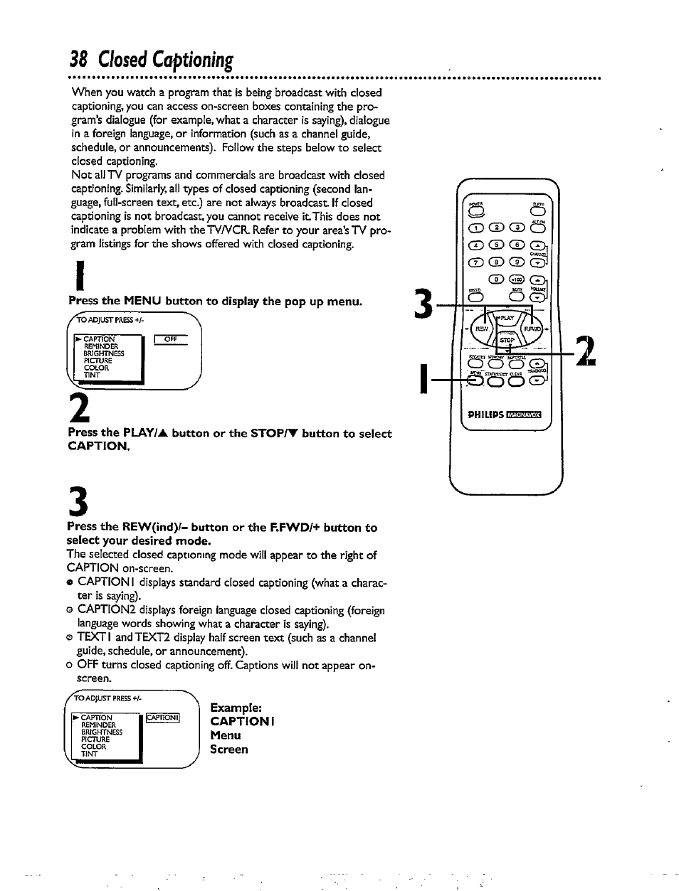 38 closed captioning | Philips CCX092AT User Manual | Page 38 / 52