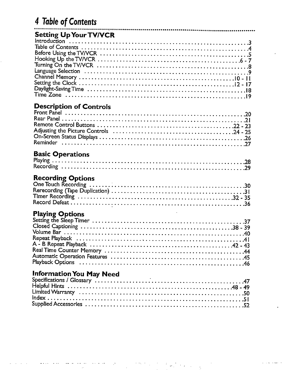 4 table of contents, Setting upyourtv/vcr, Description of controls | Basic operations, Recording options, Playing options, Information you may need | Philips CCX092AT User Manual | Page 4 / 52