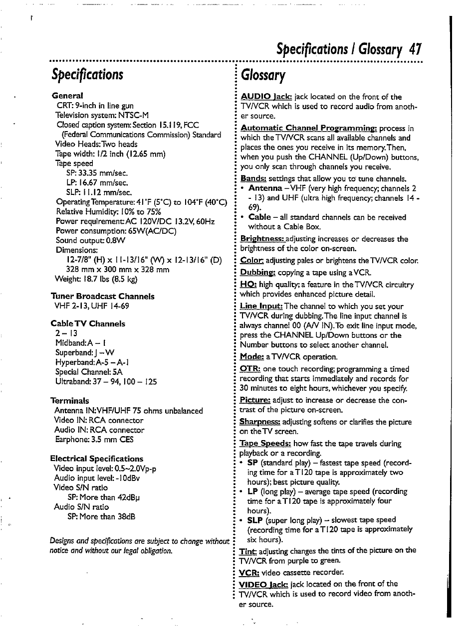 Specifications i glossary 47 specifications, Glossary | Philips CCX092AT User Manual | Page 47 / 52