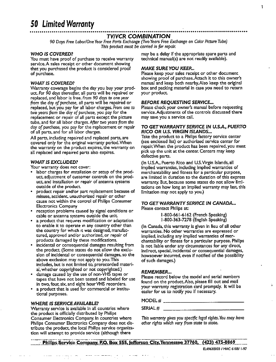 50 limited warranty, Tvivcr combination | Philips CCX092AT User Manual | Page 50 / 52