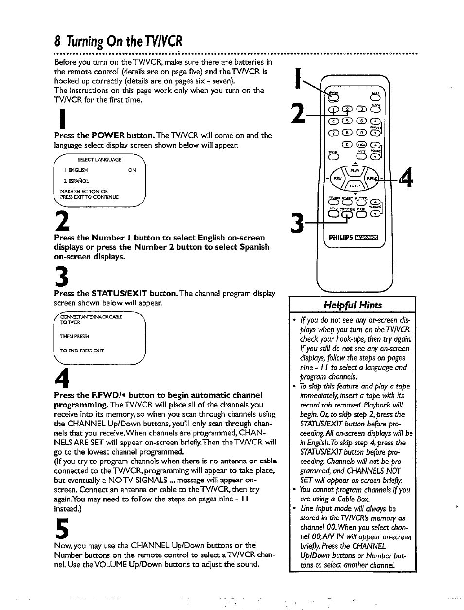 8 turning on the tv/ycr | Philips CCX092AT User Manual | Page 8 / 52
