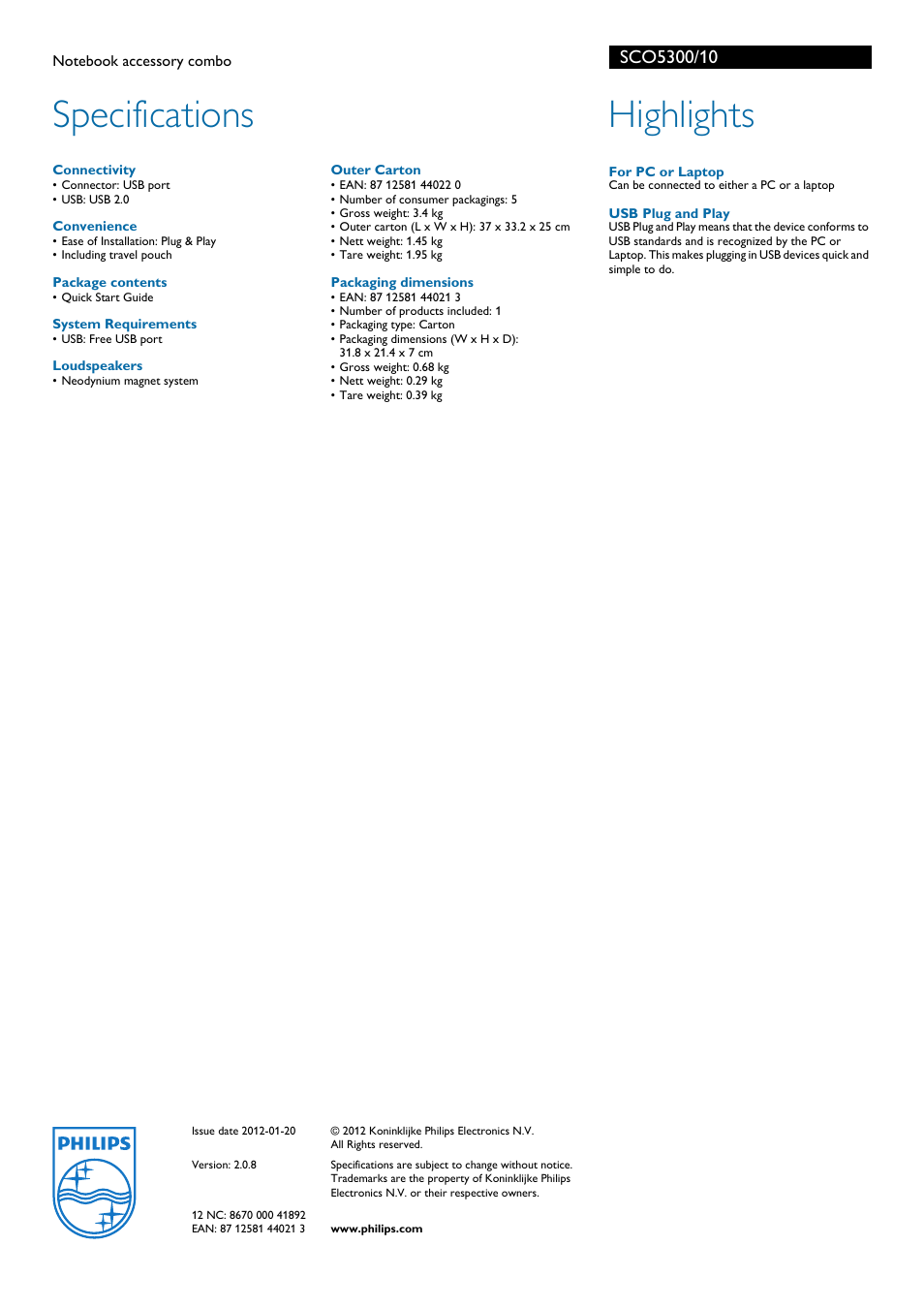 Specifications, Highlights | Philips SCO5300 User Manual | Page 2 / 2