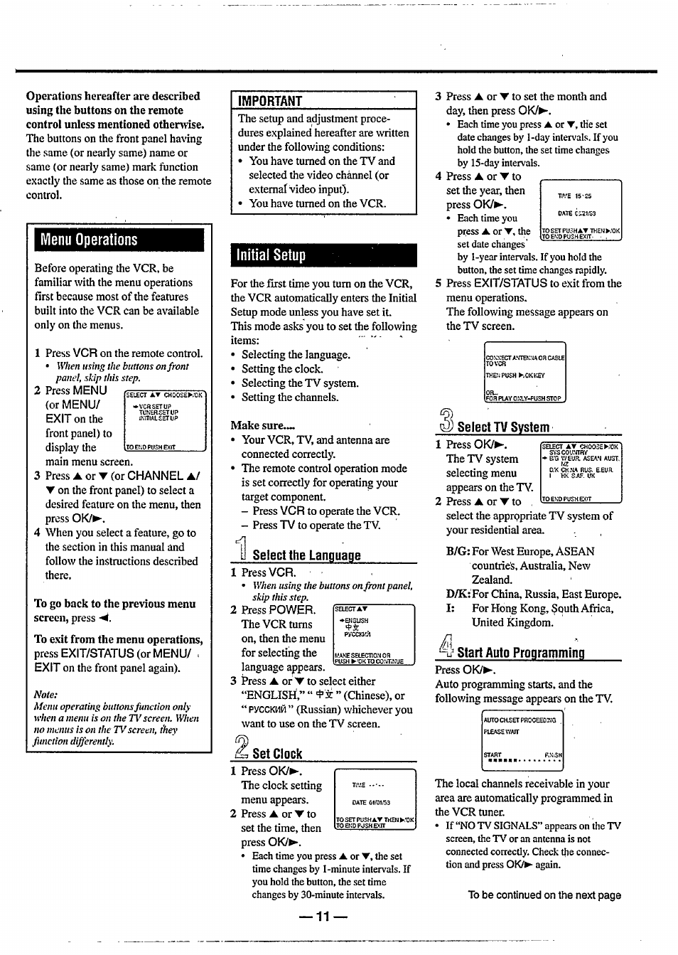Menu operations, Initial setup | Philips VR 588 User Manual | Page 11 / 22