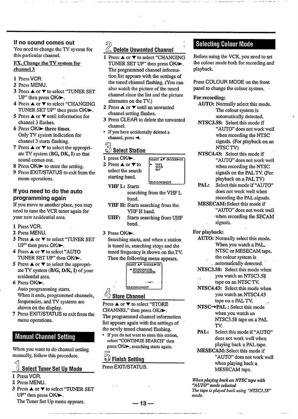 Manual channel setting, Selecting colour mode, Manual channel setting selecting colour mode | Philips VR 588 User Manual | Page 13 / 22