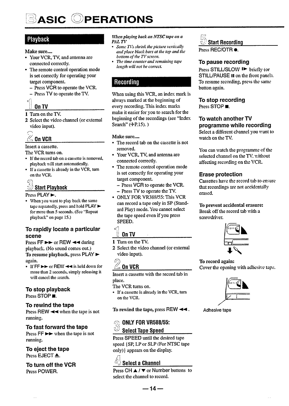 Asic ©perations, Playback, Recording | Philips VR 588 User Manual | Page 14 / 22