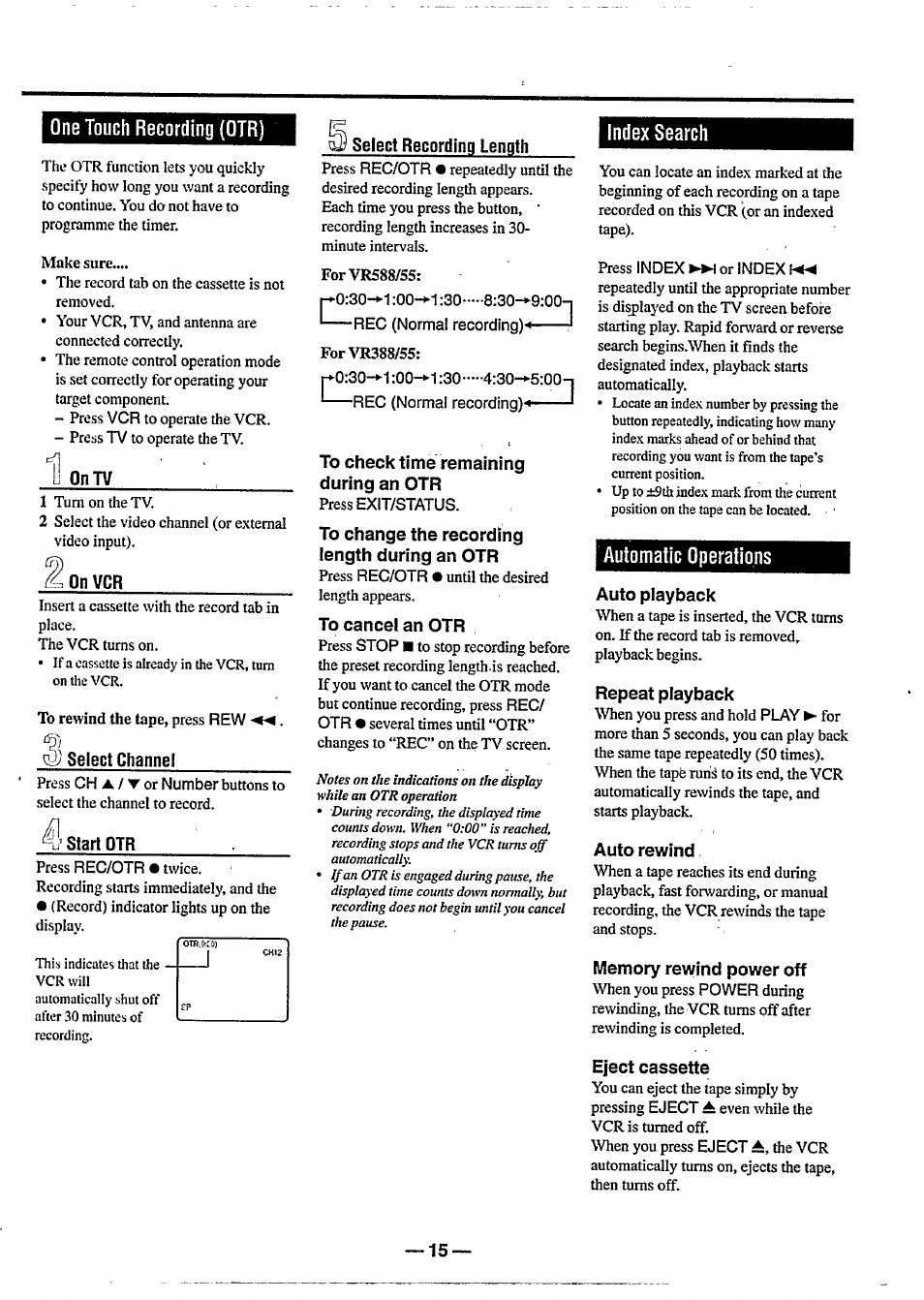 One touch recording (otr), Index search, Automatic operations | Index search automatic operations | Philips VR 588 User Manual | Page 15 / 22