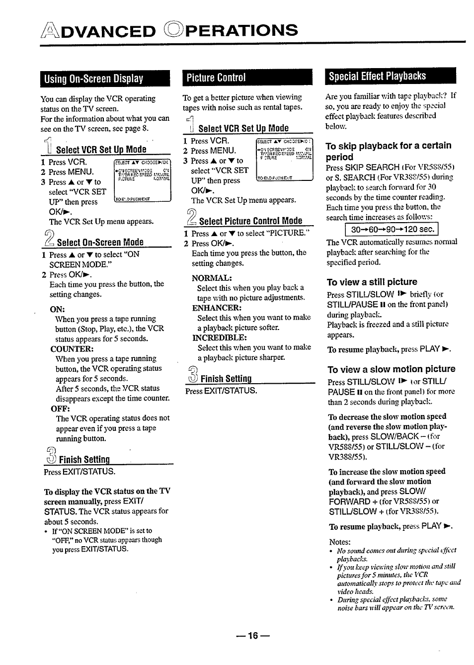 Z^\dvanced operations, Using on-screen display, Special effect playbacks | Z^\dvanced o, Perations | Philips VR 588 User Manual | Page 16 / 22