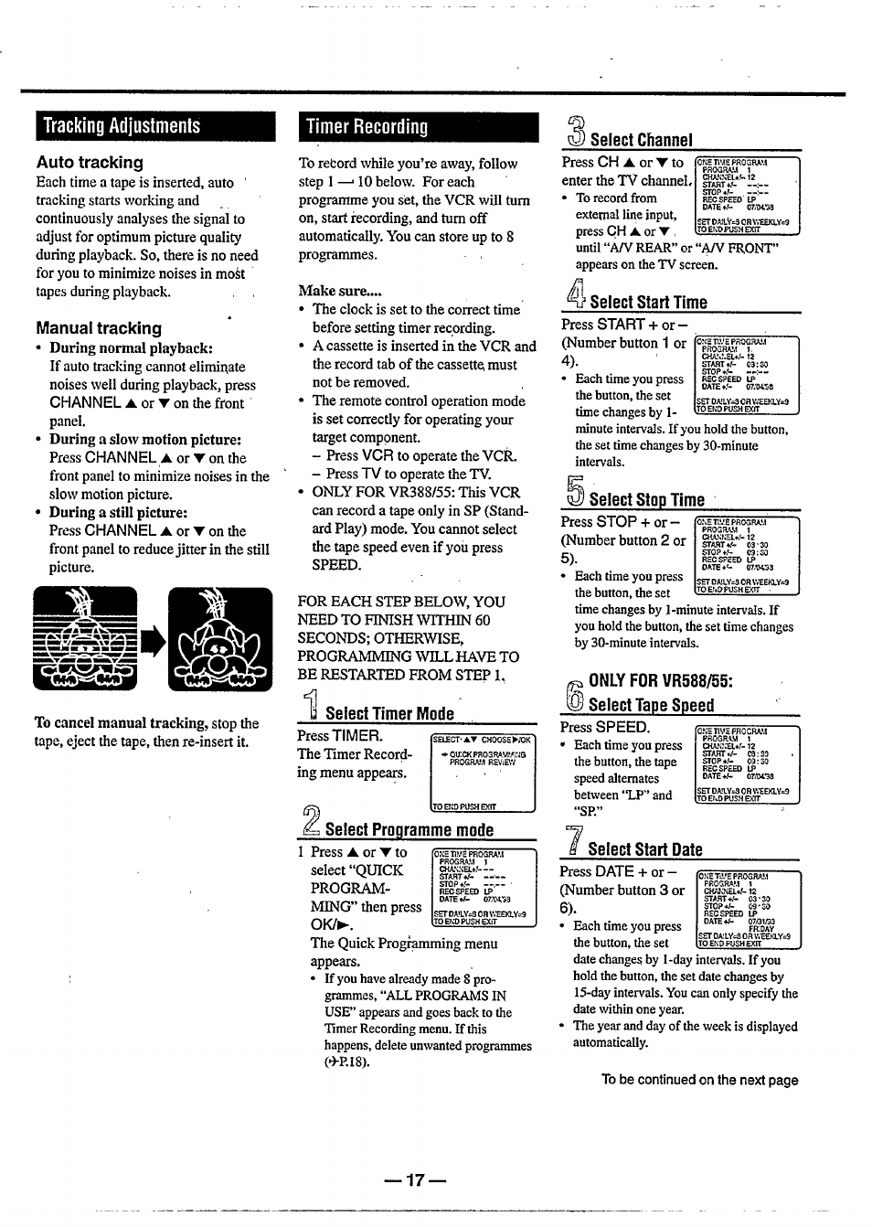 Tracking adjustments, Timer recording | Philips VR 588 User Manual | Page 17 / 22
