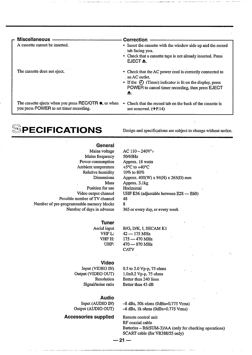 Pecifications | Philips VR 588 User Manual | Page 21 / 22