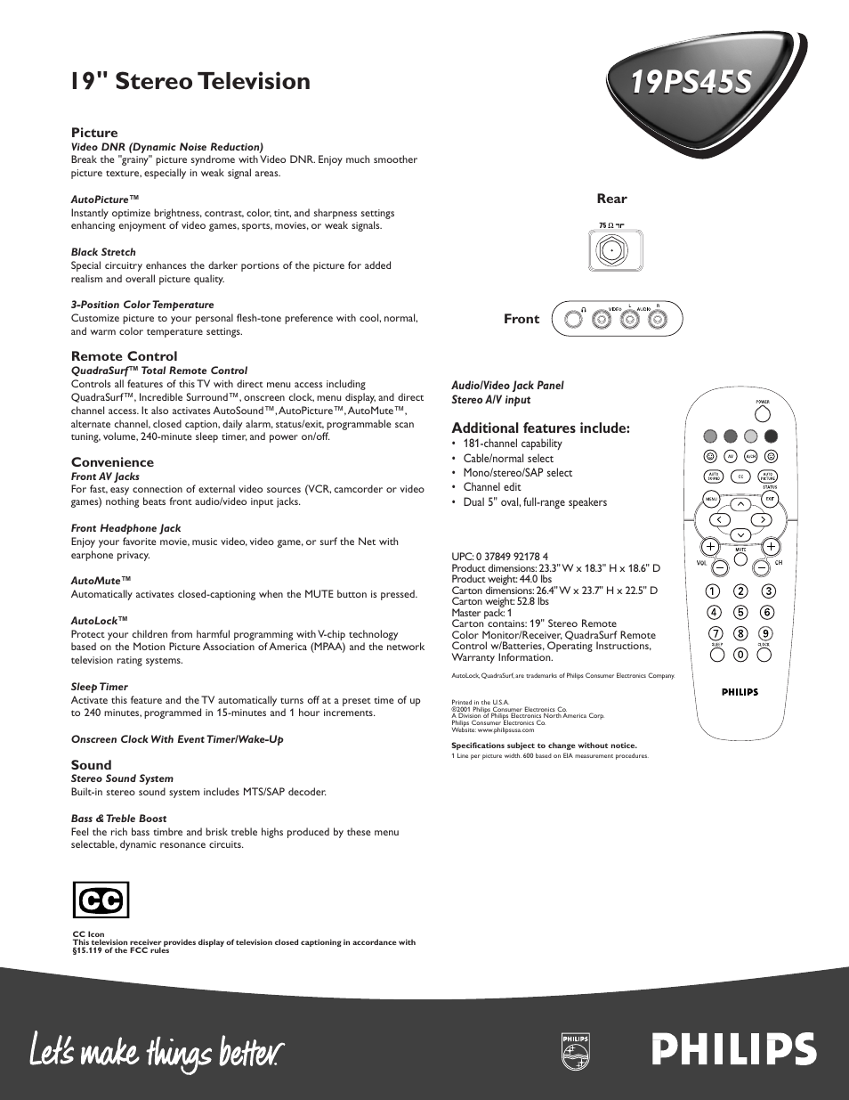 19ps45s, 19 " stereo television | Philips 19PS 45S User Manual | Page 2 / 2