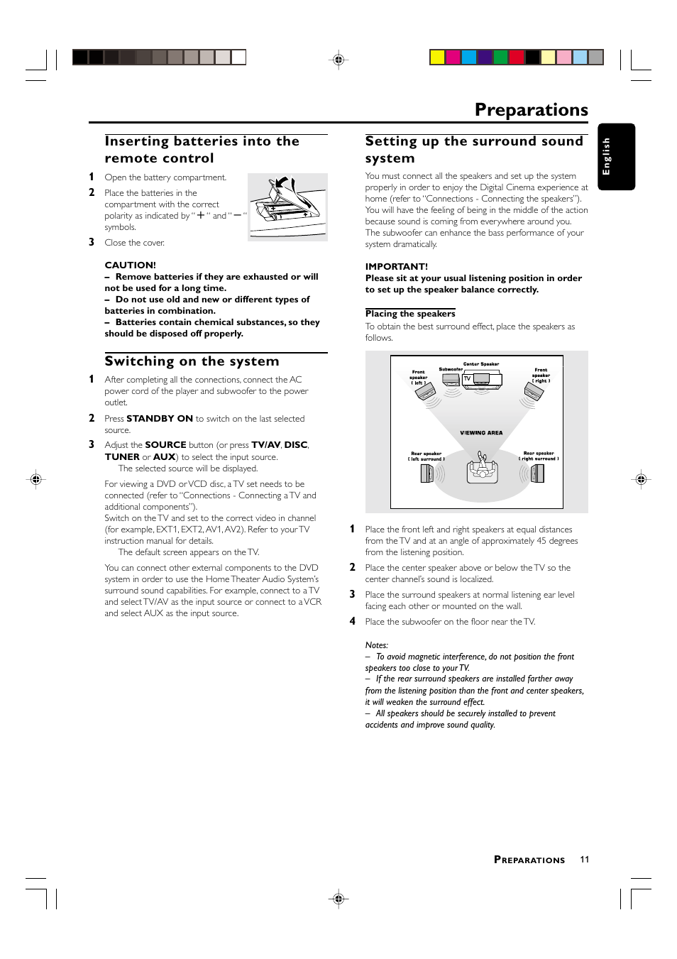 Preparations, Inserting batteries into the remote control, Switching on the system | Setting up the surround sound system | Philips MX-3700D User Manual | Page 13 / 27