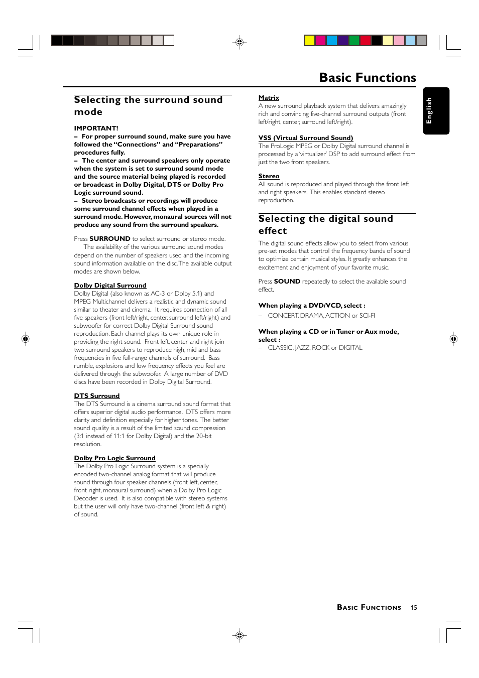 Basic functions, Selecting the surround sound mode, Selecting the digital sound effect | Philips MX-3700D User Manual | Page 17 / 27