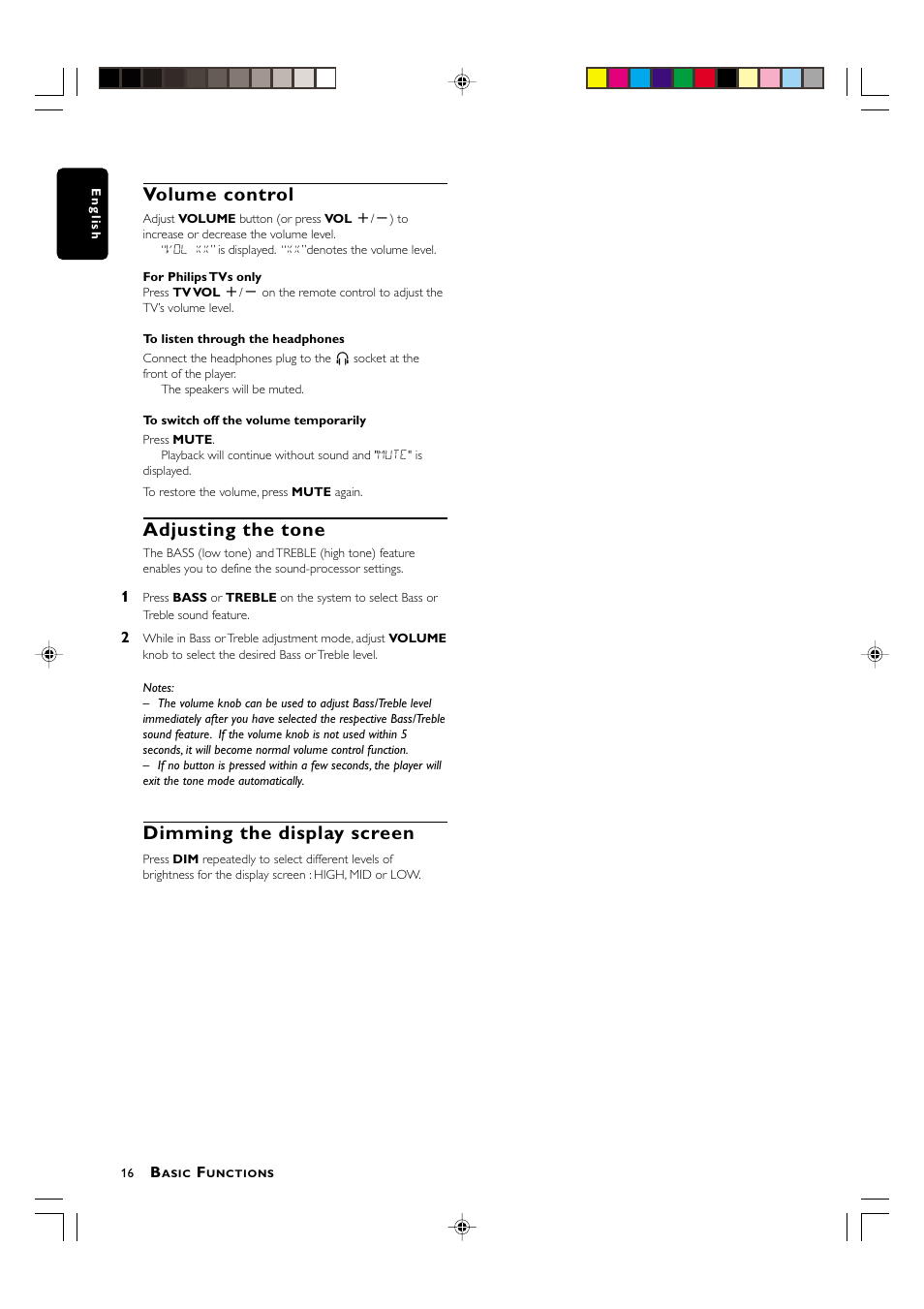 Volume control, Adjusting the tone, Dimming the display screen | Philips MX-3700D User Manual | Page 18 / 27