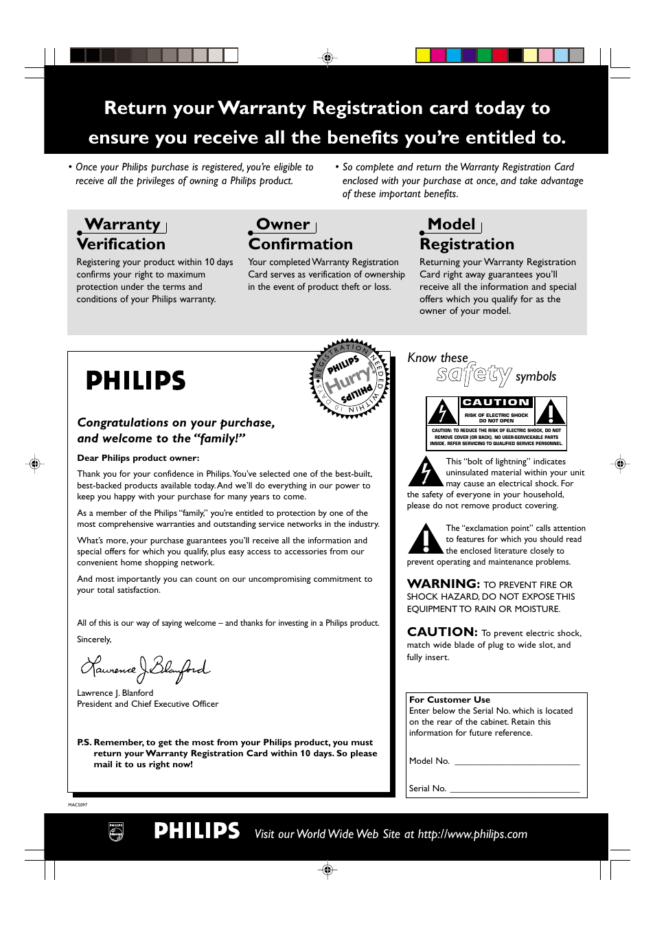 Ssa affe ettyy, Hurry, Warranty verification | Owner confirmation, Model registration, Know these, Symbols | Philips MX-3700D User Manual | Page 2 / 27