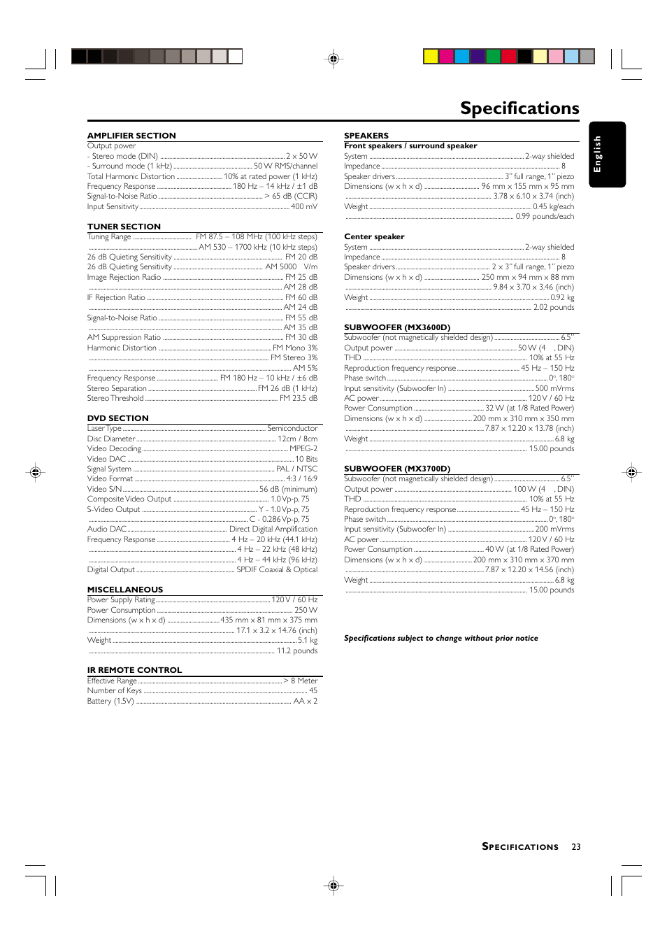 Specifications | Philips MX-3700D User Manual | Page 25 / 27