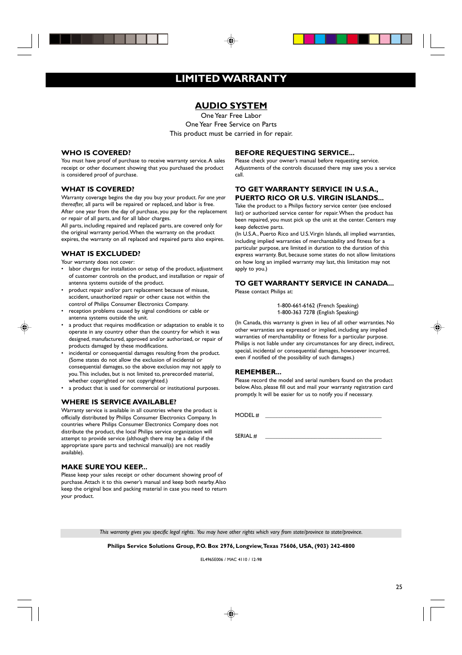 Limited warranty, Audio system | Philips MX-3700D User Manual | Page 27 / 27