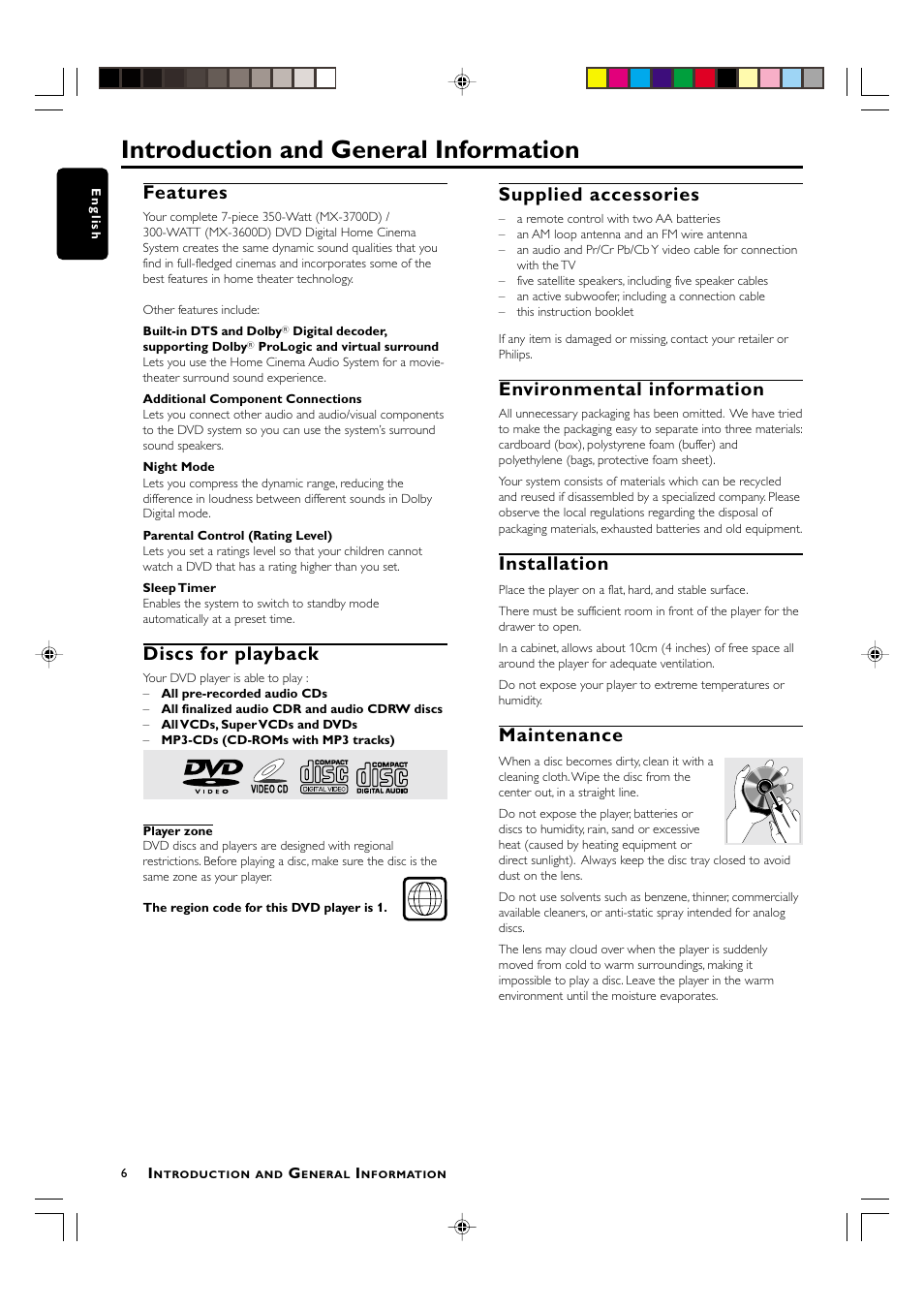 Introduction and general information, Features, Discs for playback | Supplied accessories, Environmental information, Installation, Maintenance | Philips MX-3700D User Manual | Page 8 / 27