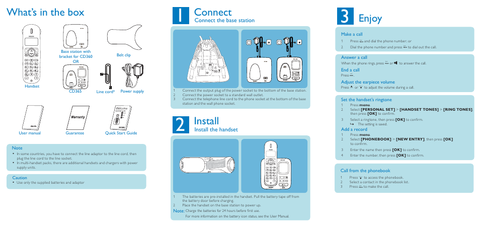 What’s in the box, Connect enjoy install, Connect the base station install the handset | Philips CD3653Q/37 User Manual | Page 2 / 2