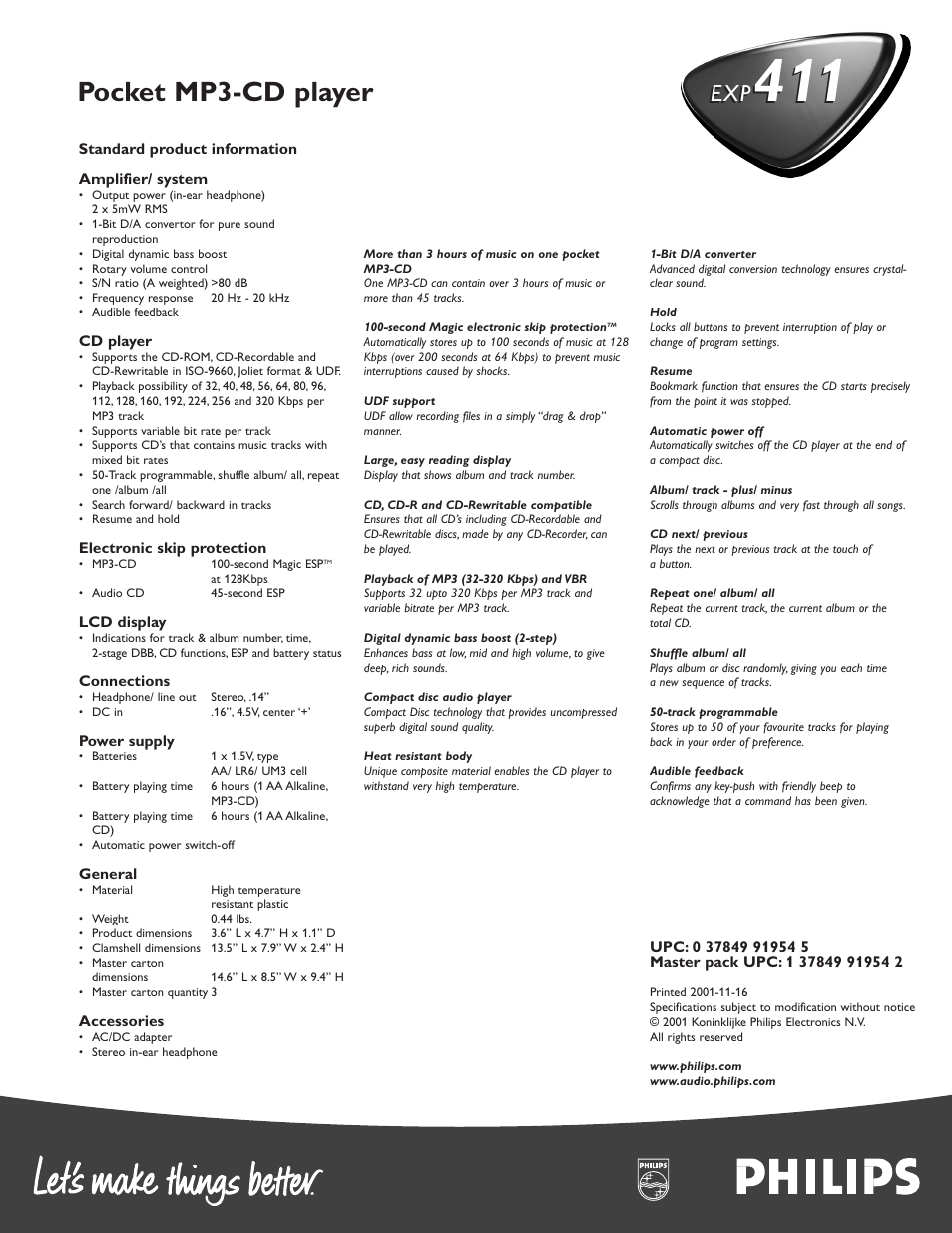 Pocket mp3-cd player | Philips 411EXP User Manual | Page 2 / 2