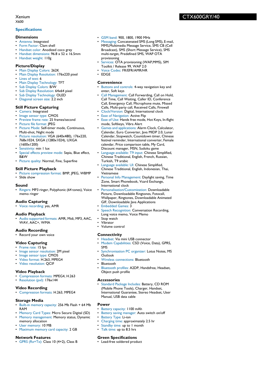 Philips Xenium CTX600GRY User Manual | Page 2 / 3
