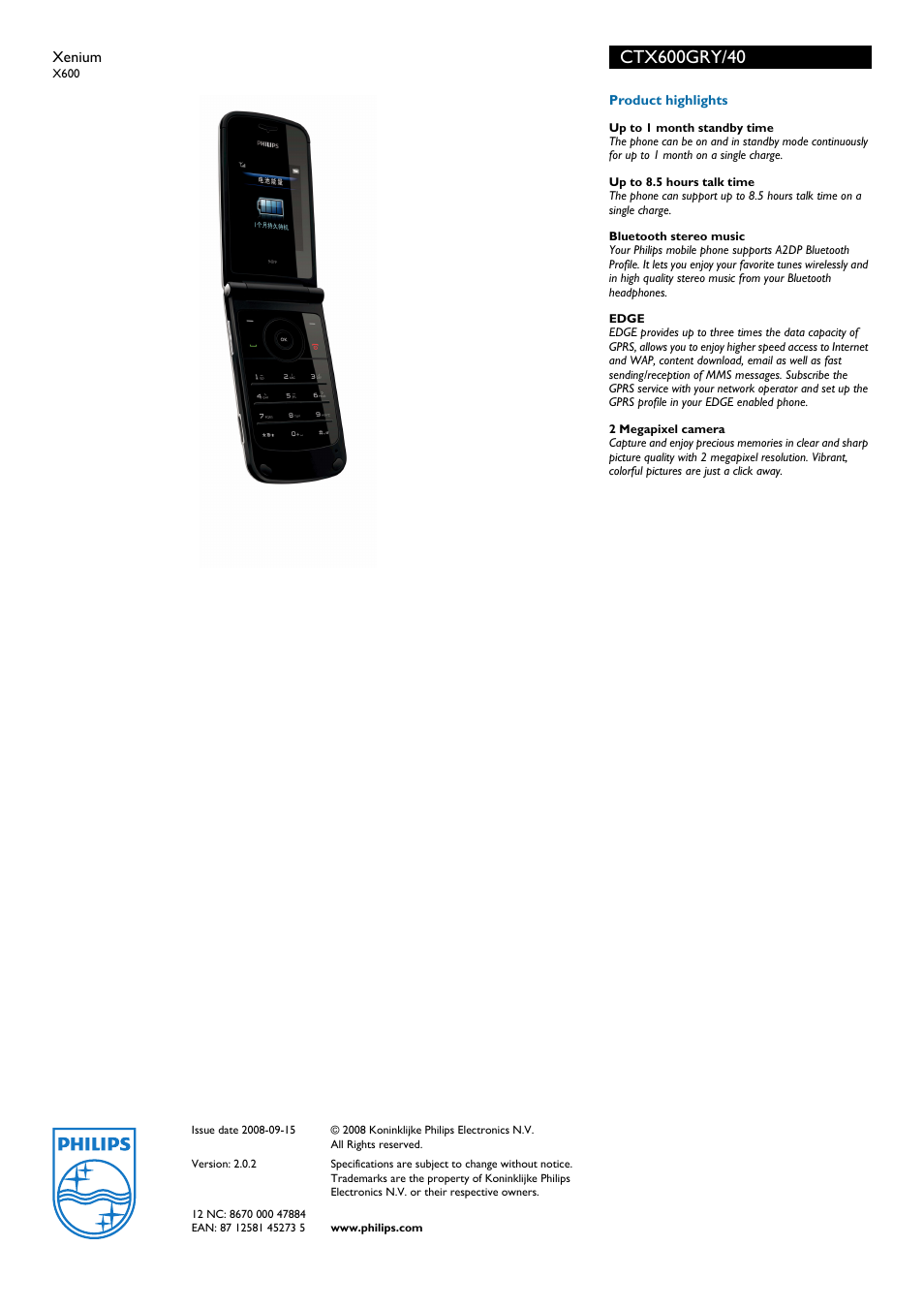 Philips Xenium CTX600GRY User Manual | Page 3 / 3