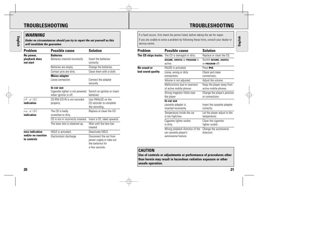 Troubleshooting, Warning | Philips AX2011 User Manual | Page 12 / 17
