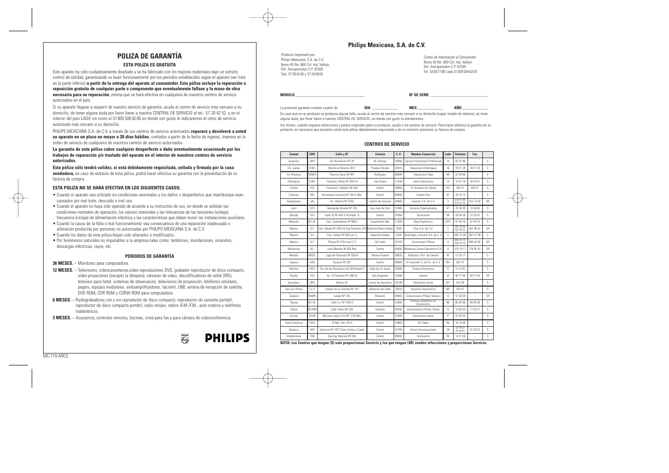 Poliza de garantía, Philips mexicana, s.a. de c.v | Philips AX2011 User Manual | Page 13 / 17
