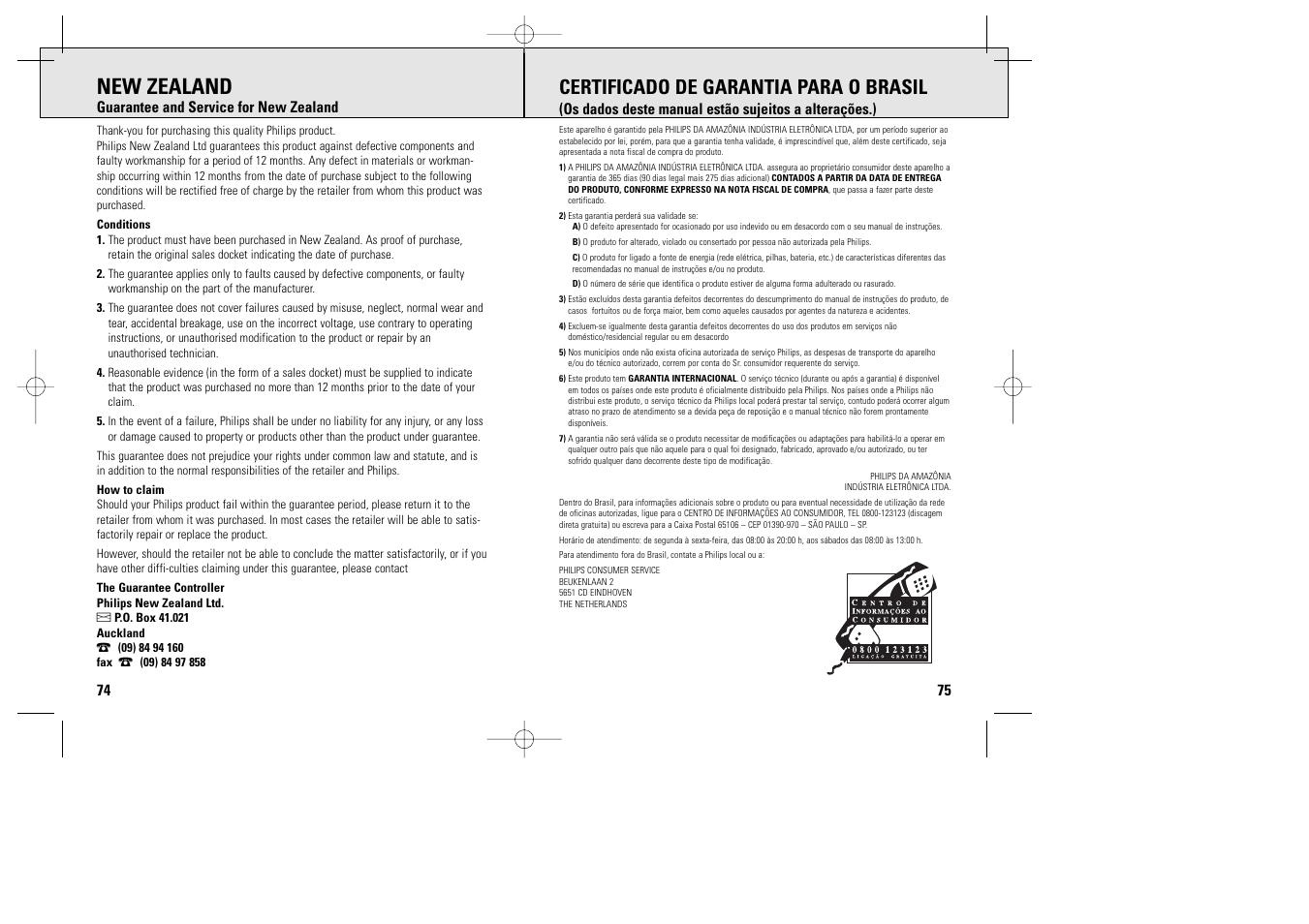 New zealand, Certificado de garantia para o brasil | Philips AX2011 User Manual | Page 15 / 17