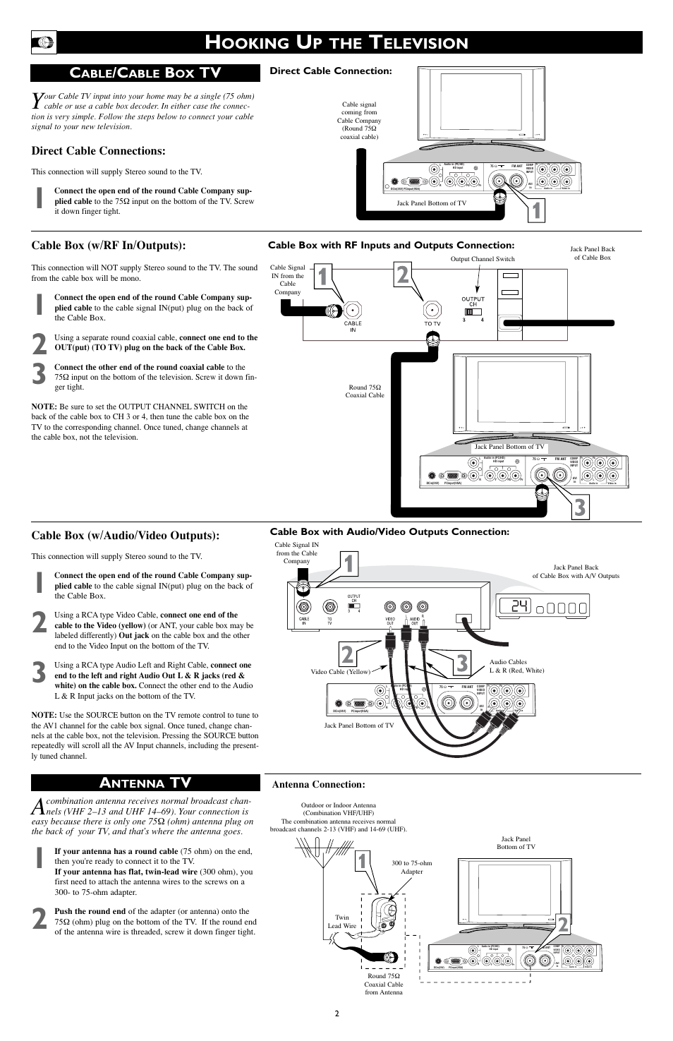 Ooking, P the, Elevision | Ntenna, Direct cable connections, Cable box (w/rf in/outputs), Cable box (w/audio/video outputs), Able, Antenna connection, Cable box with audio/video outputs connection | Philips 15PF9945/99 User Manual | Page 2 / 4