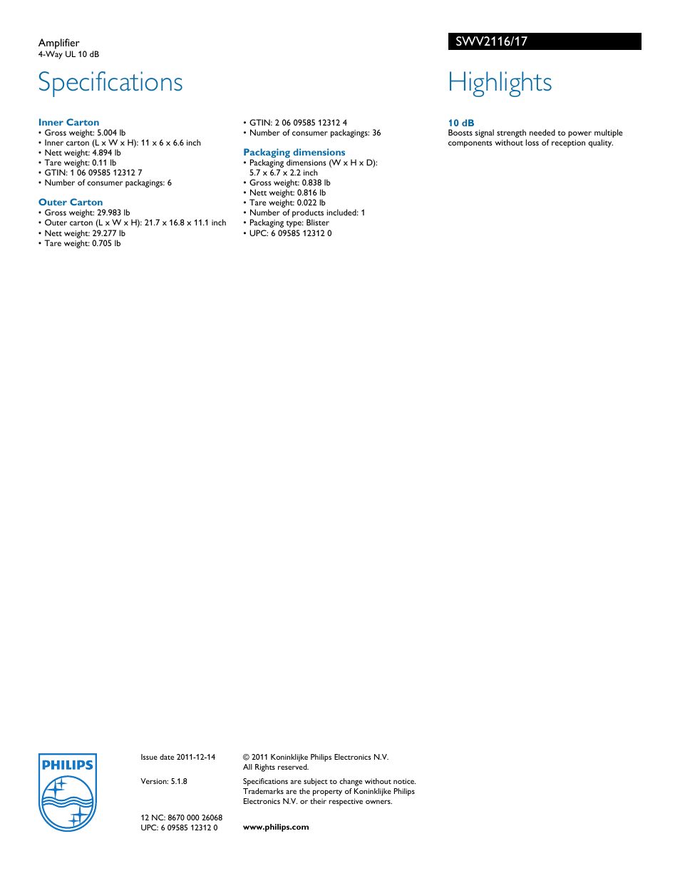 Specifications, Highlights | Philips SWV2116 User Manual | Page 2 / 2