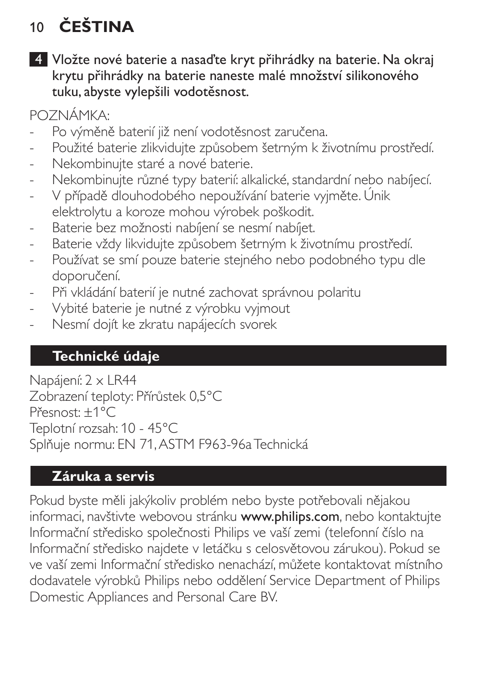 Technické údaje, Záruka a servis | Philips SCH550 User Manual | Page 10 / 40