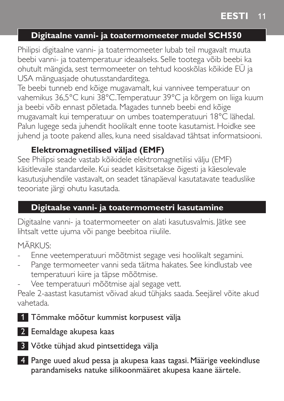 Eesti, Digitaalne vanni- ja toatermomeeter mudel sch550, Elektromagnetilised väljad (emf) | Digitaalse vanni- ja toatermomeetri kasutamine | Philips SCH550 User Manual | Page 11 / 40