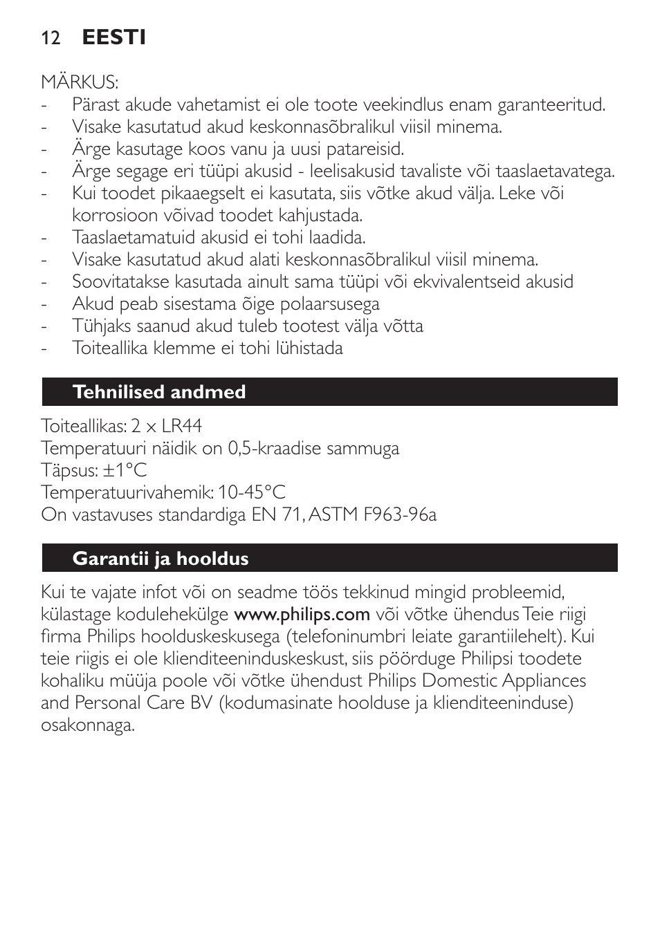 Tehnilised andmed, Garantii ja hooldus | Philips SCH550 User Manual | Page 12 / 40