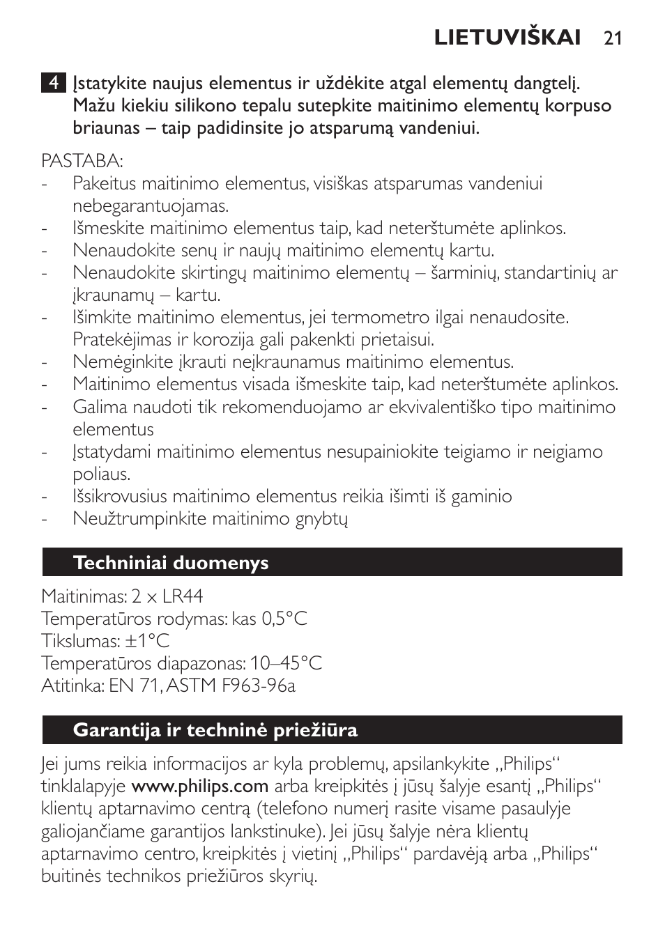 Techniniai duomenys, Garantija ir techninė priežiūra | Philips SCH550 User Manual | Page 21 / 40