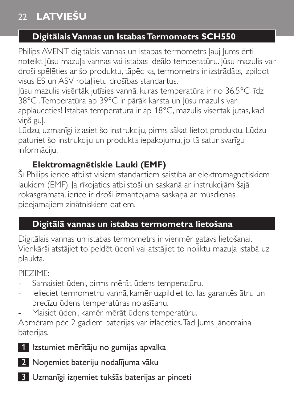 Latviešu, Digitālais vannas un istabas termometrs sch550, Elektromagnētiskie lauki (emf) | Digitālā vannas un istabas termometra lietošana | Philips SCH550 User Manual | Page 22 / 40