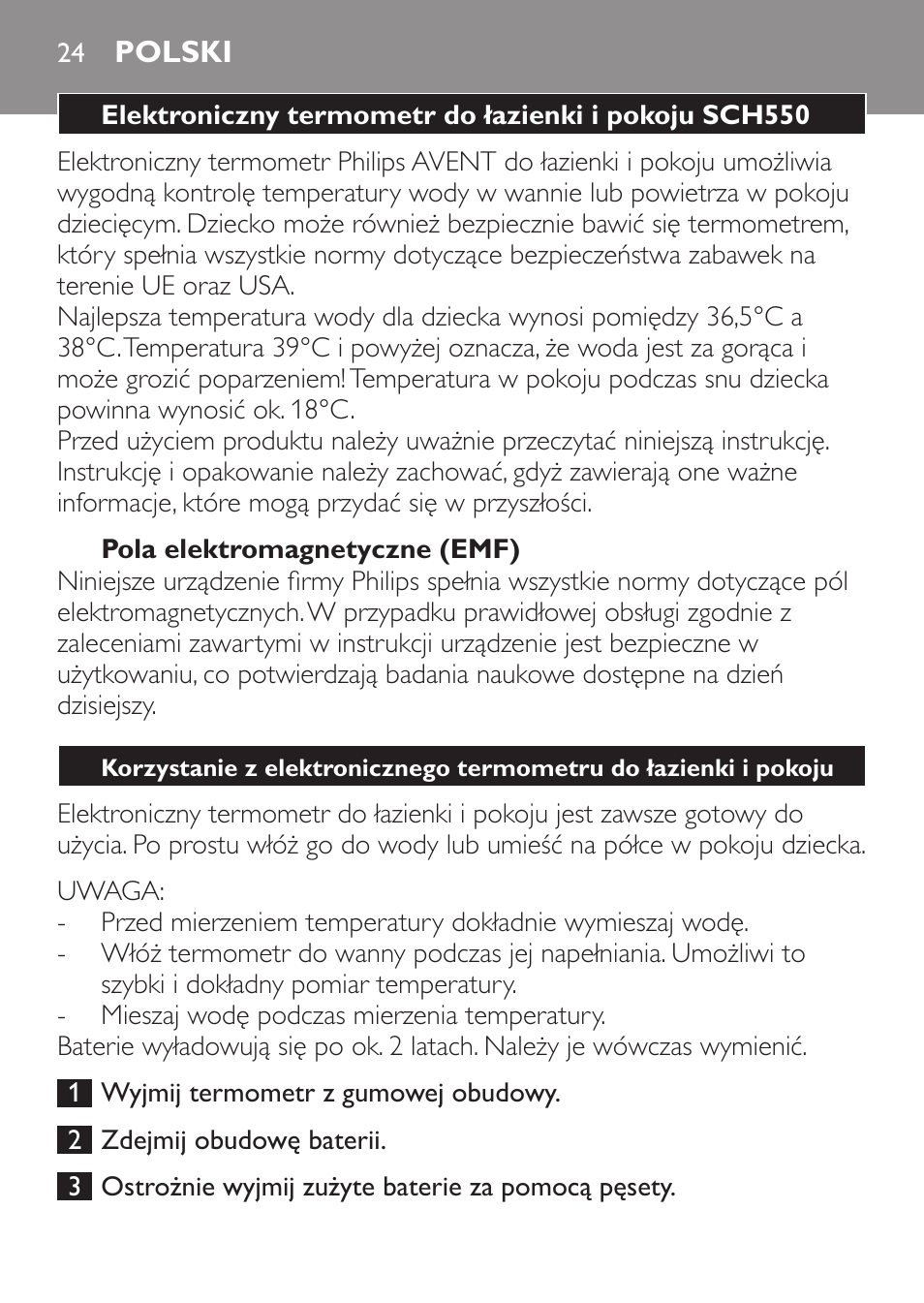 Polski, Pola elektromagnetyczne (emf) | Philips SCH550 User Manual | Page 24 / 40