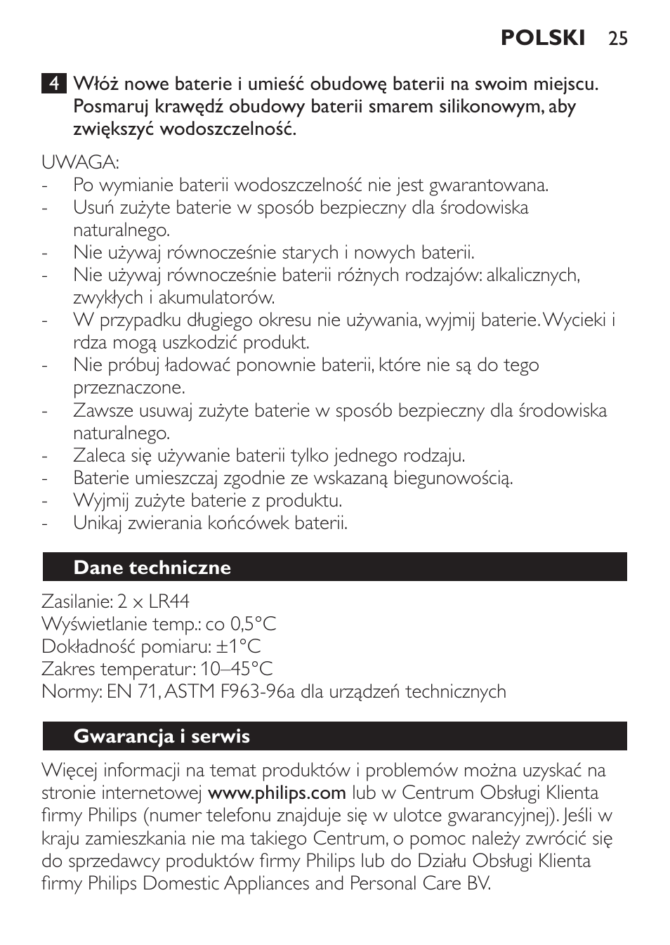 Dane techniczne, Gwarancja i serwis | Philips SCH550 User Manual | Page 25 / 40