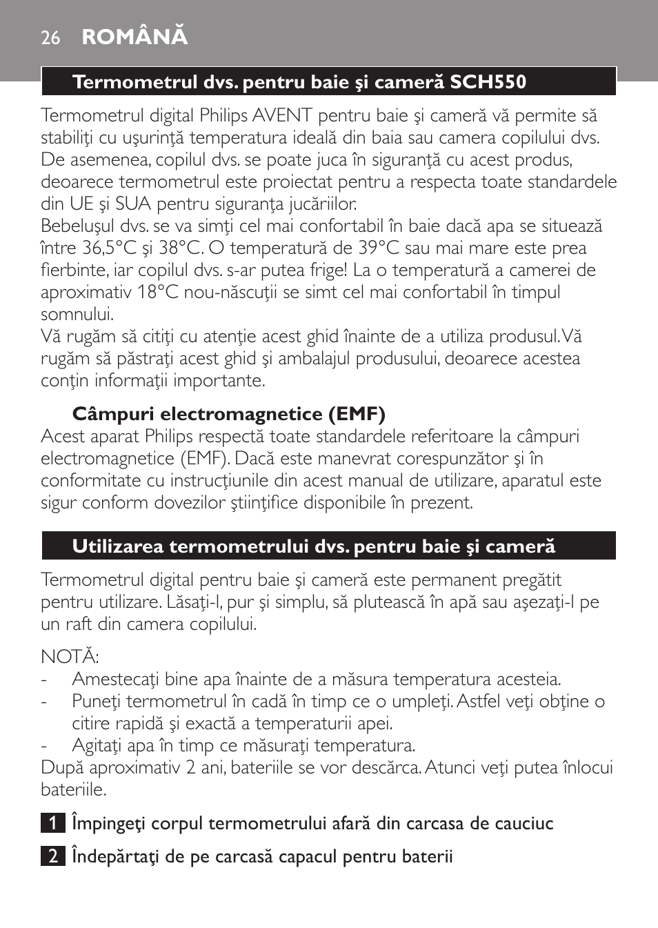 Română, Termometrul dvs. pentru baie şi cameră sch550, Câmpuri electromagnetice (emf) | Philips SCH550 User Manual | Page 26 / 40