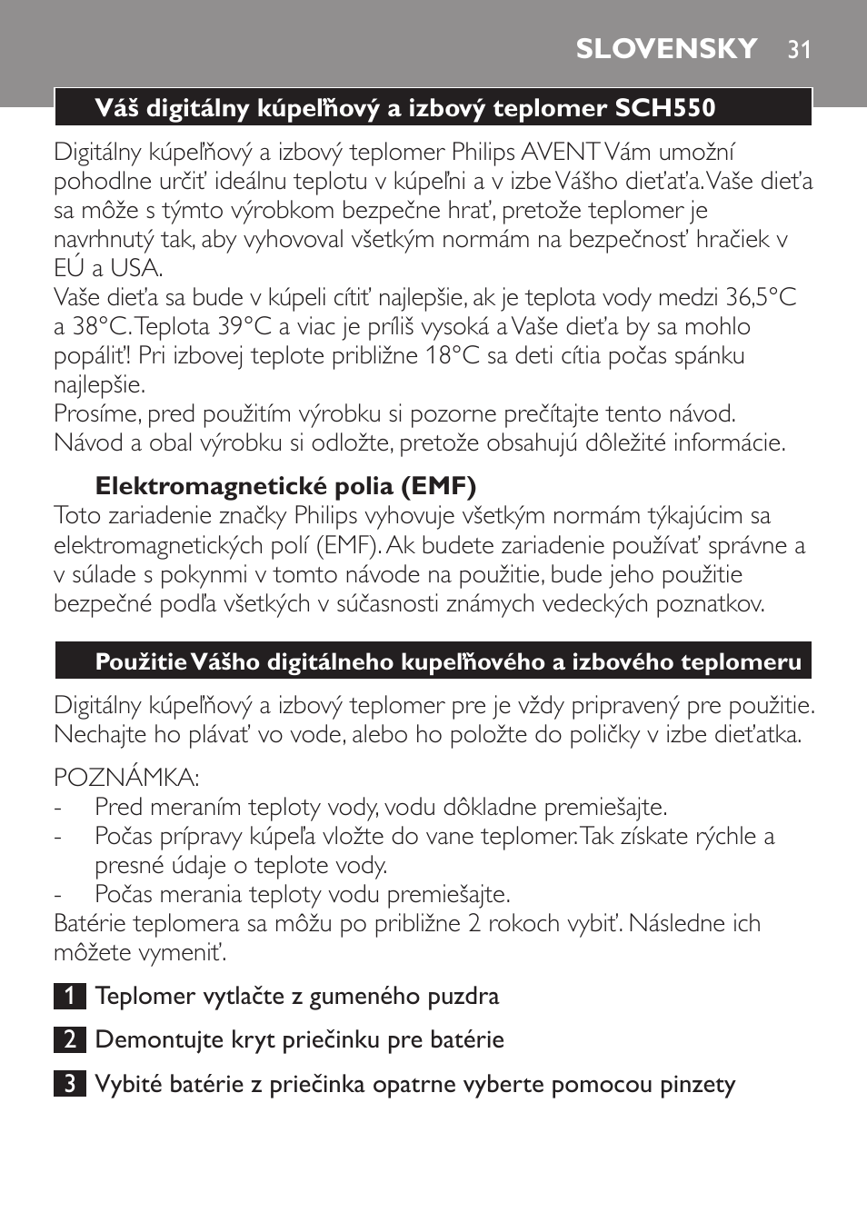 Slovensky, Váš digitálny kúpeľňový a izbový teplomer sch550, Elektromagnetické polia (emf) | Philips SCH550 User Manual | Page 31 / 40